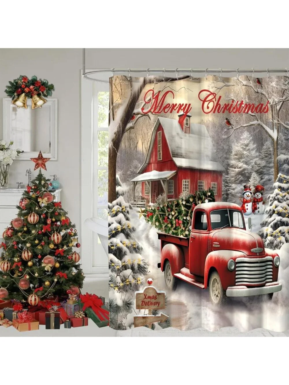 Vintage Red Truck Christmas Shower Curtain - Rustic Farmhouse Holiday Decor